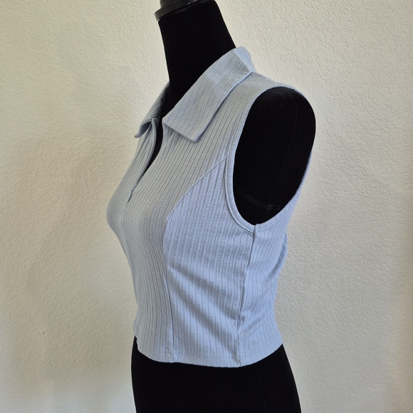 Blue Ribbed Collared Crop Top - Picture 2 of 10